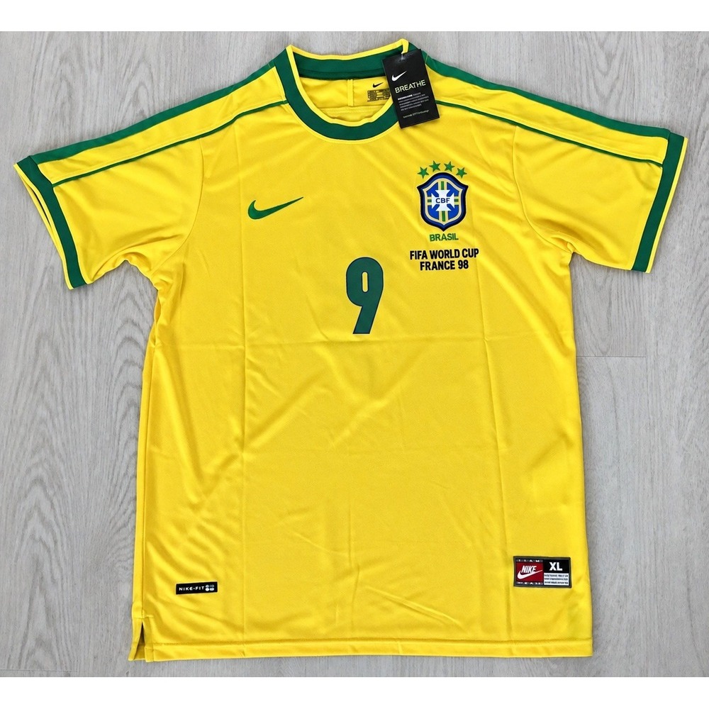 Iconic Ronaldo #9 Brazil 1998 World Cup Badges Rare Home Soccer Jersey Size XL